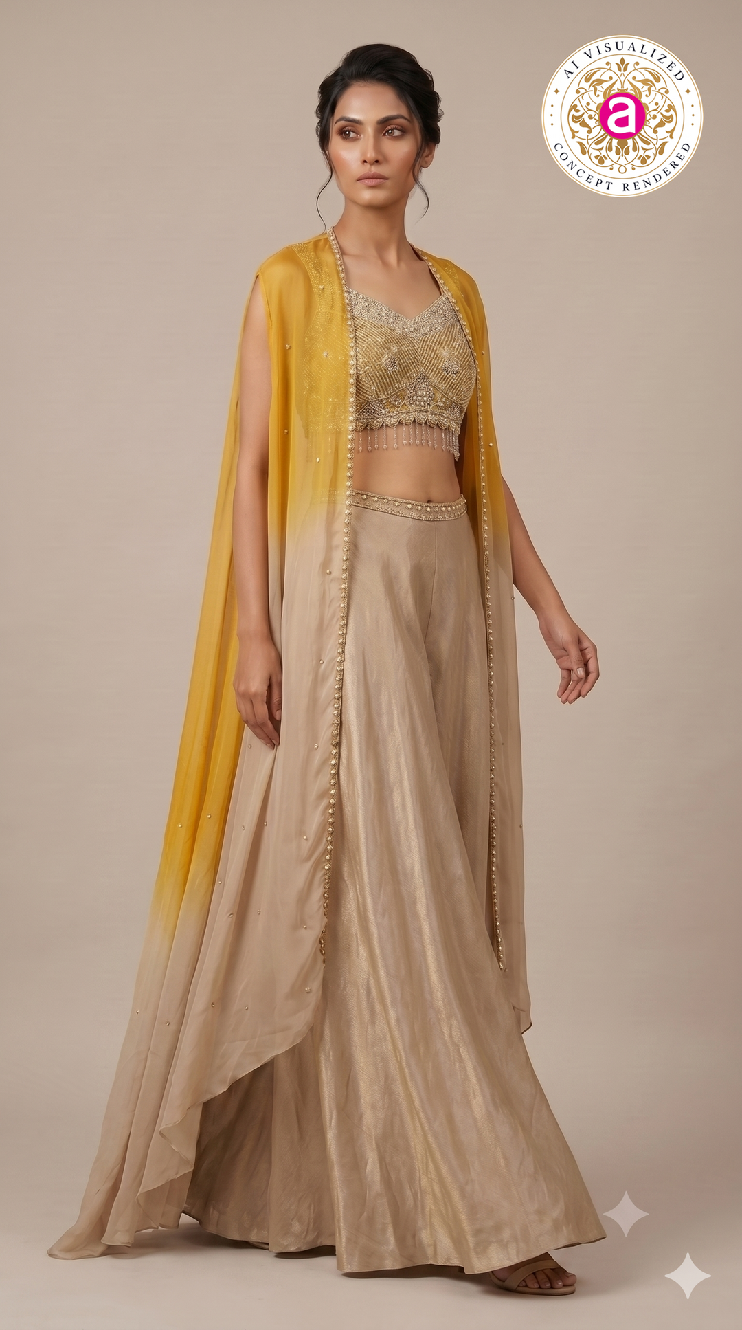 Mustard Yellow Cape Style Palazzo Set with Embellished Blouse