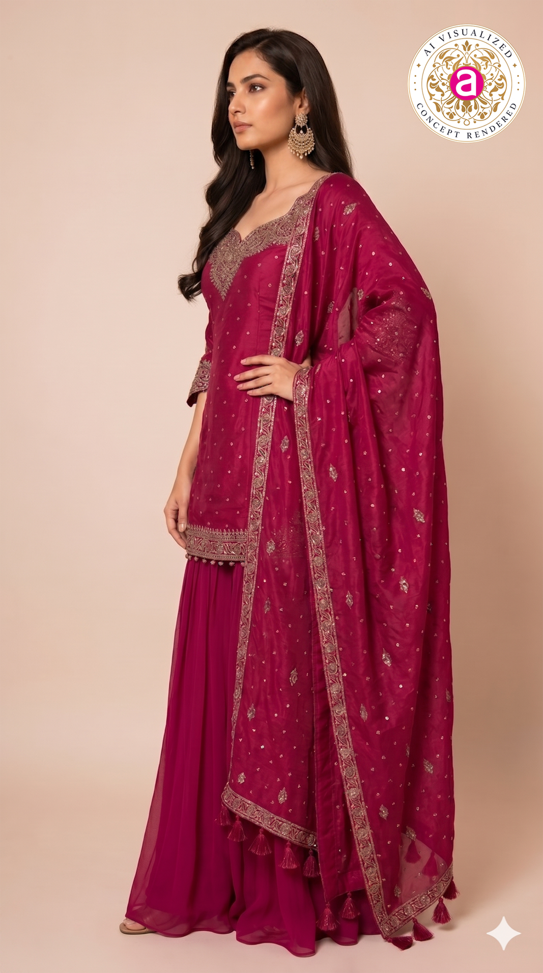 Fuchsia Pink Embroidered Kurta Sharara Set with Dupatta