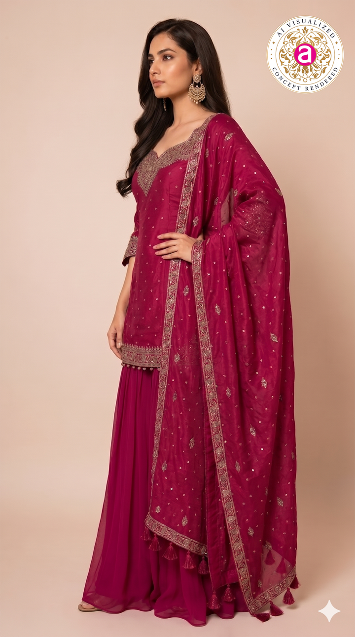Fuchsia Pink Embroidered Kurta Sharara Set with Dupatta