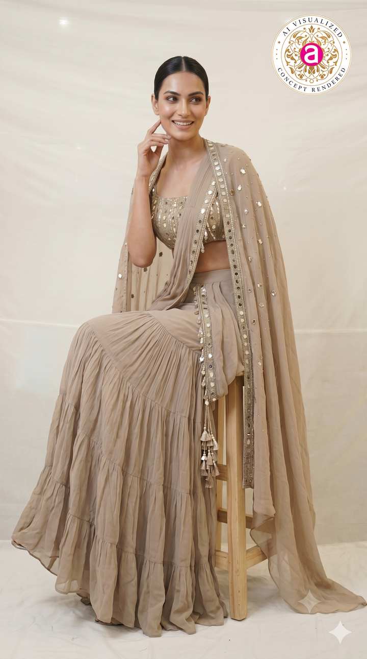 Taupe Mirror Embellished Ready-to-Wear Saree with Cape Dupatta