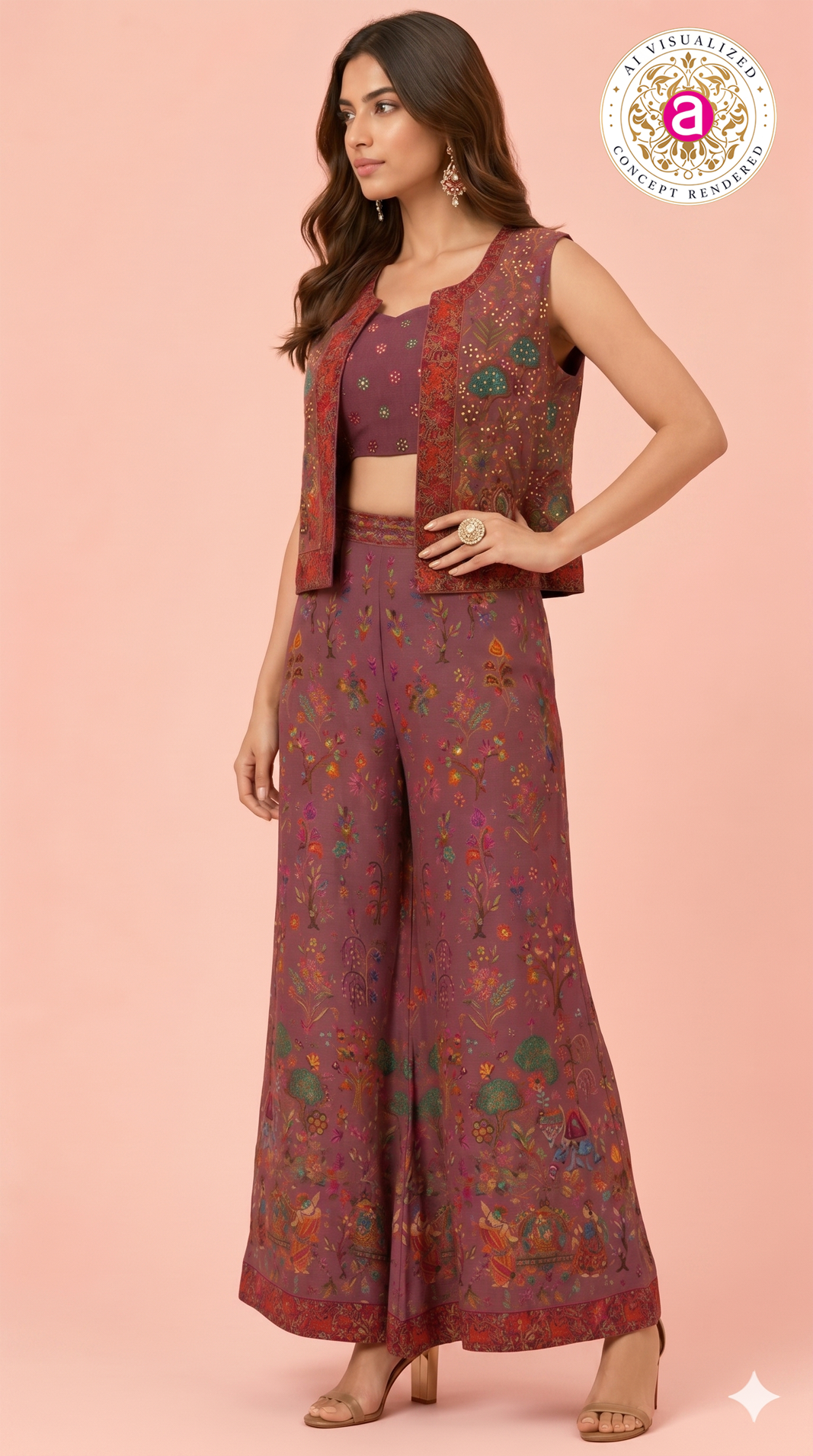 Mauve Stone Work Palazzo Set with Crop Top & Jacket