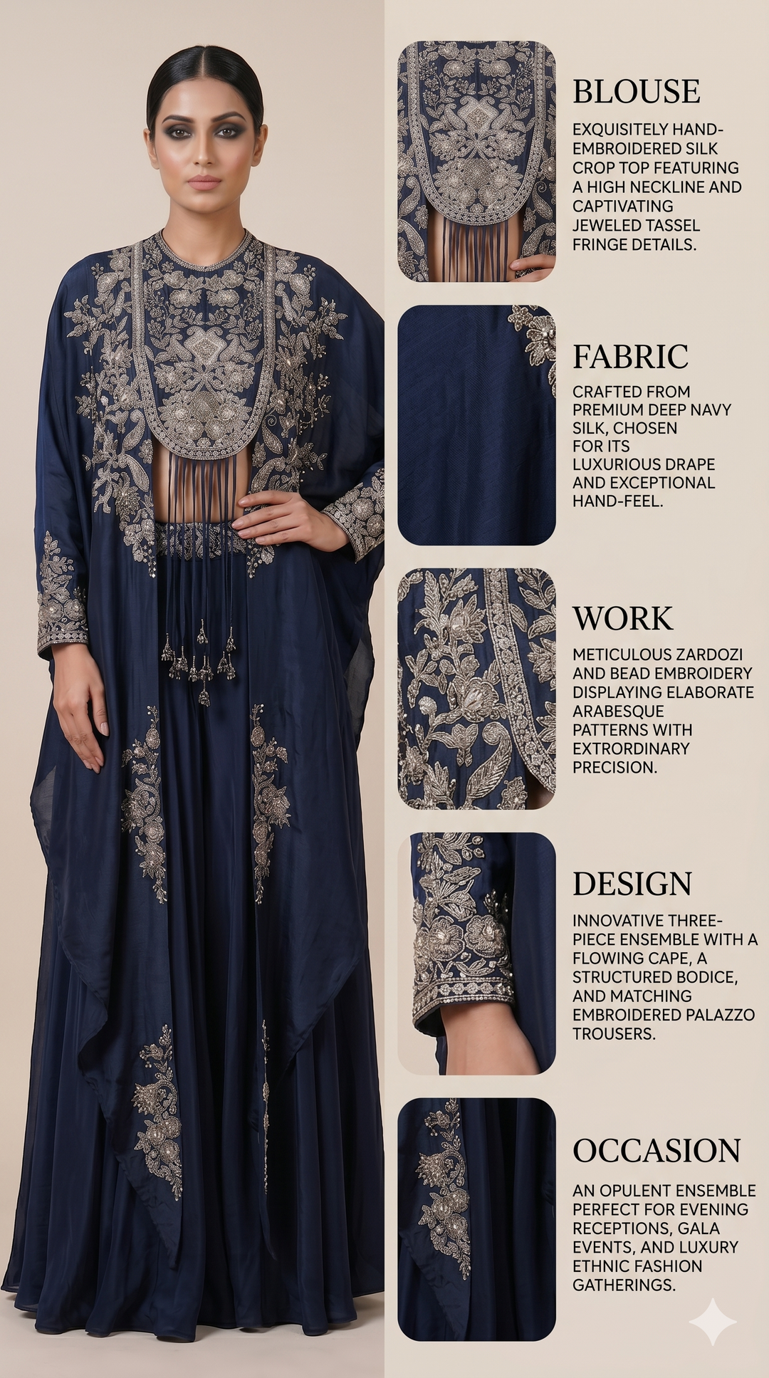 Midnight Blue Embroidered Cape Style Designer Ensemble