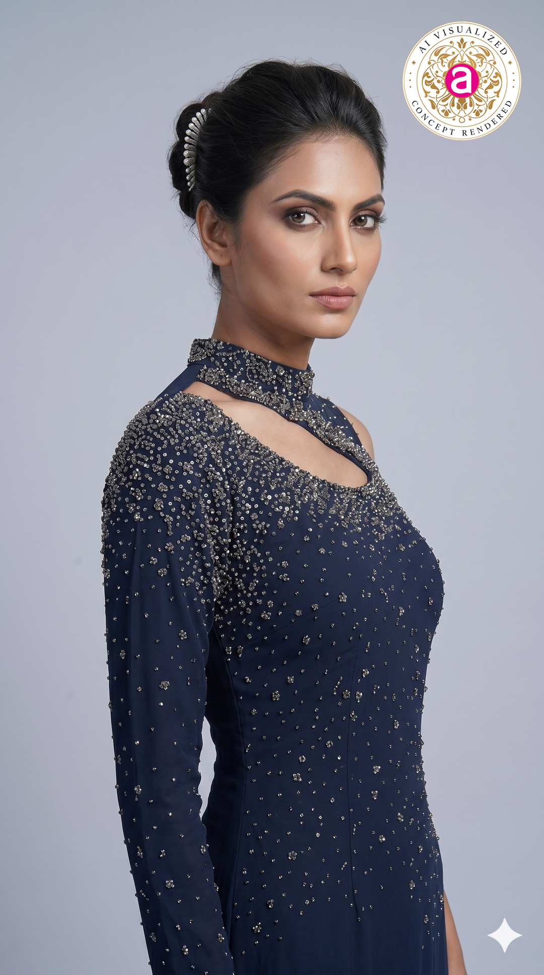 Midnight Navy Embellished One-Shoulder Designer Indo Western