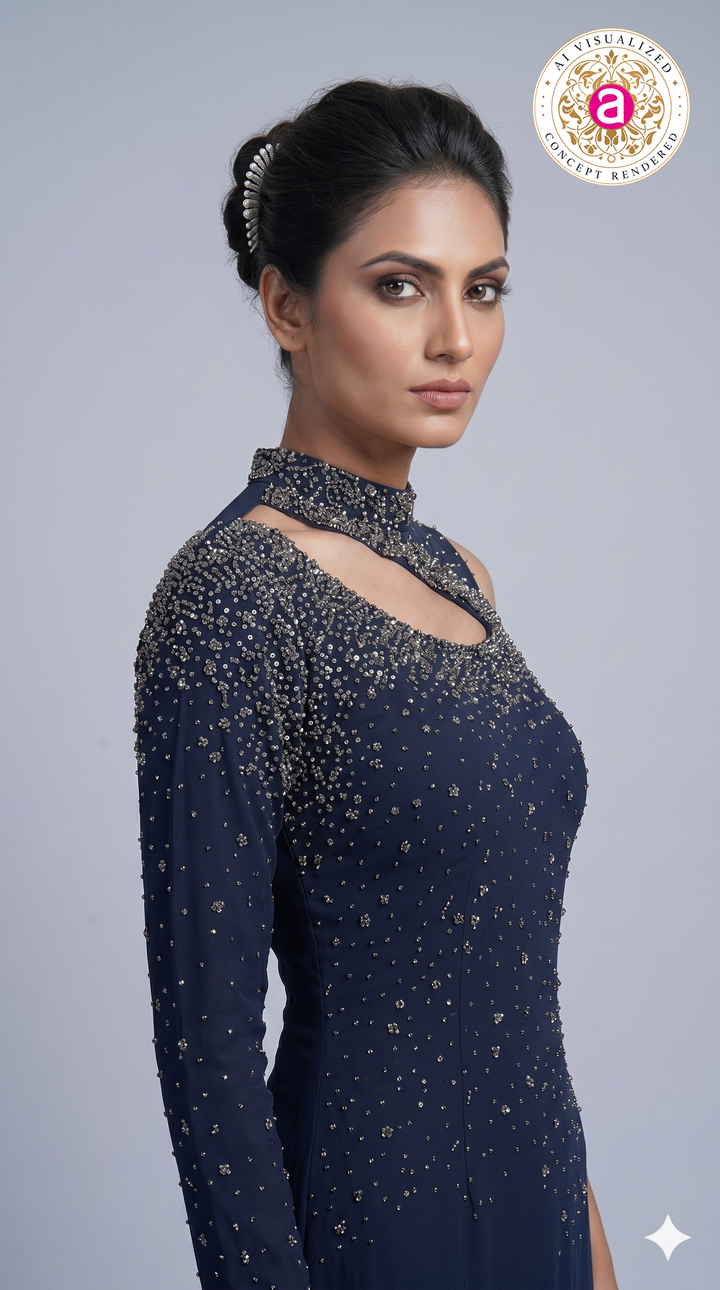Midnight Navy Embellished One-Shoulder Designer Indo Western