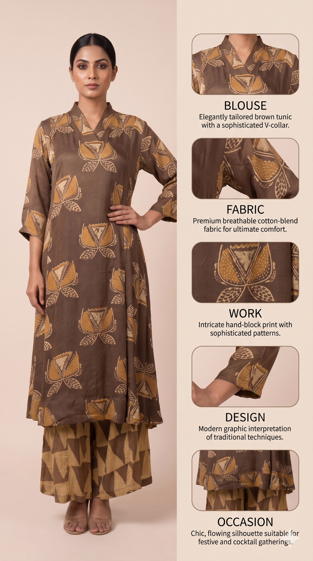 Brown Printed A-Line Kurta Set with Palazzo