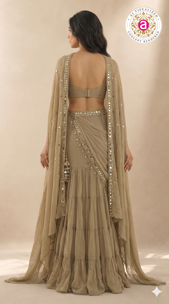 Olive Taupe Ready-to-Wear Draped Saree with Mirror Embellished Blouse & Cape