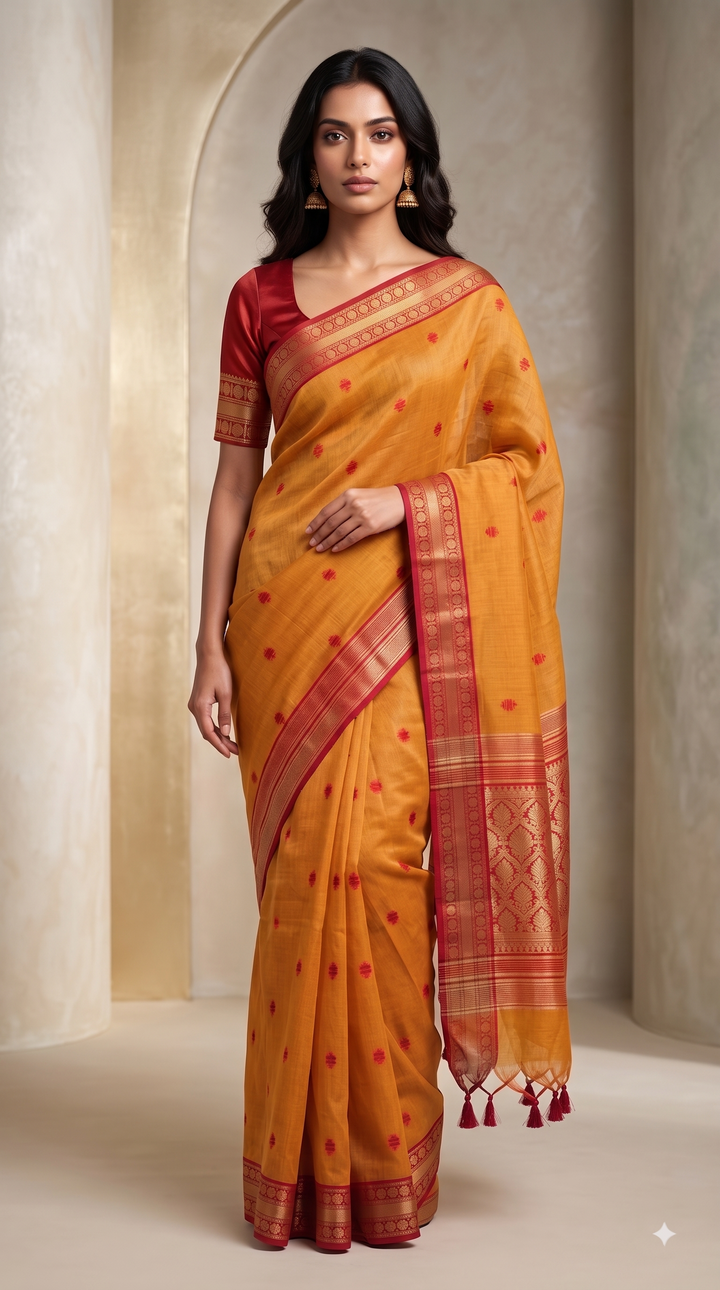 Elegant Handloom Silk Saree with Small Butti Motifs & Rich Zari Border