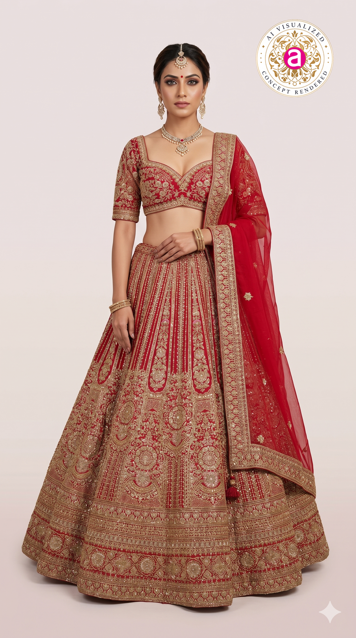 Bridal Red Zari Embroidered Lehenga Choli with Heritage Motifs & Dupatta