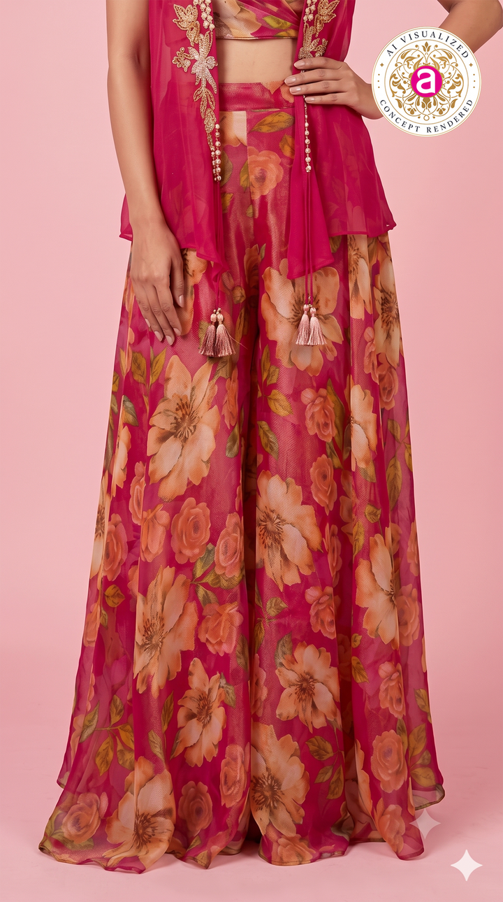 Fuchsia Floral Printed Palazzo Set with Embroidered Cape