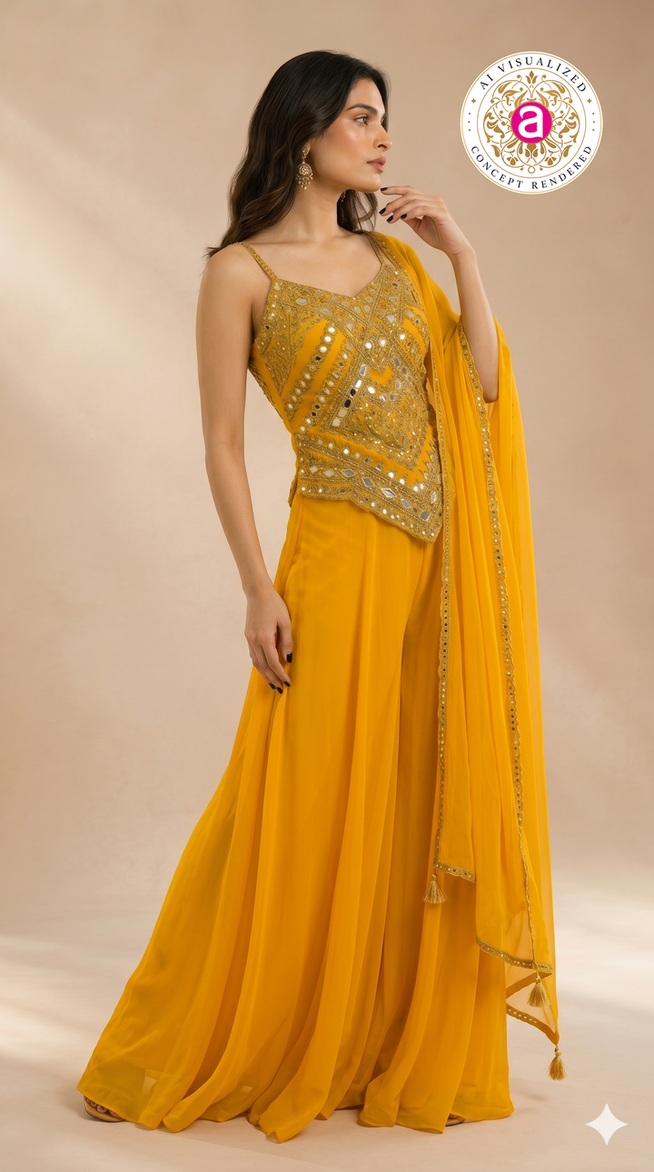 Mustard Yellow Mirror Work Palazzo Set with Draped Dupatta