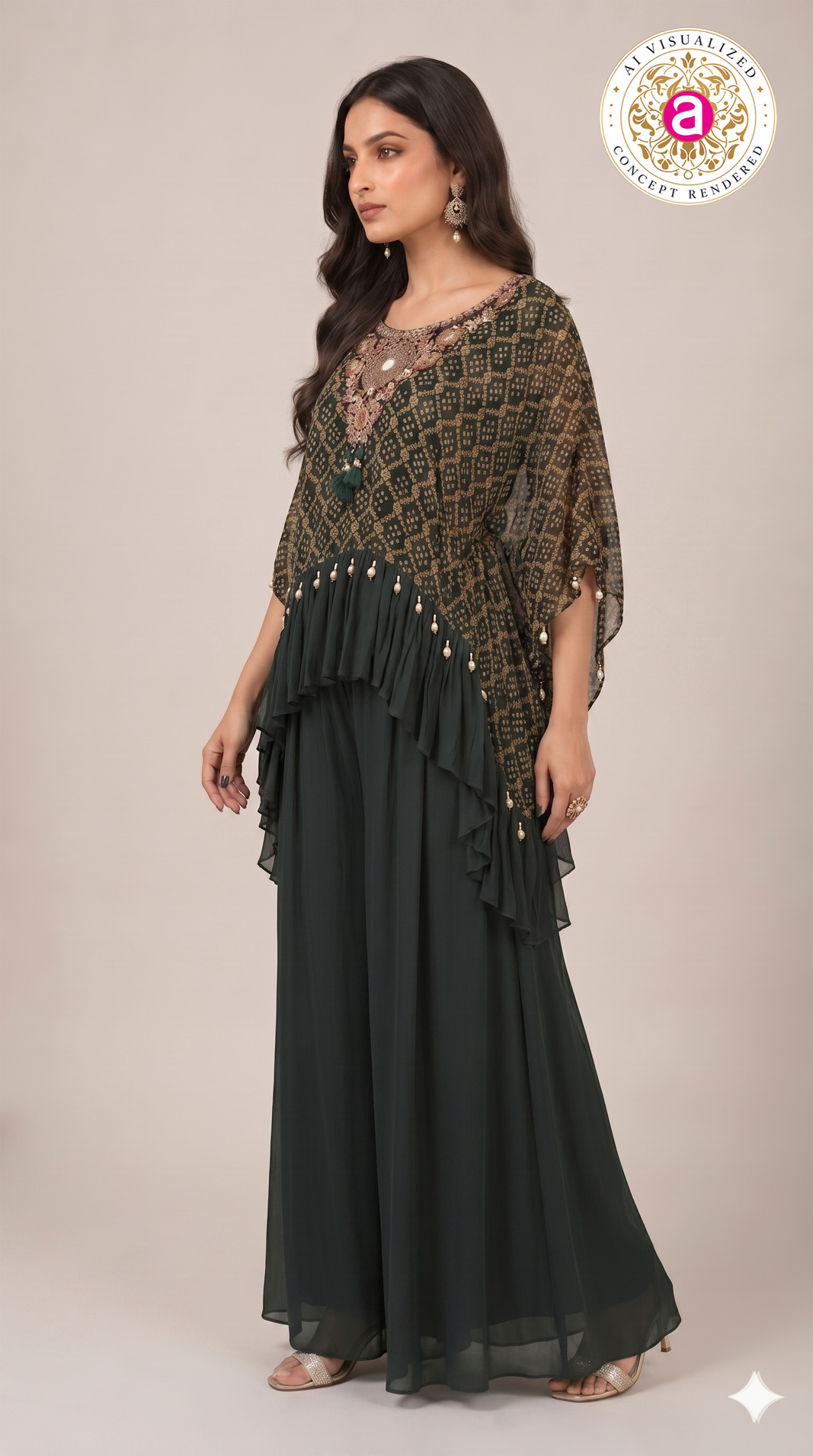 Bottle Green Handwork Kaftan Palazzo Set