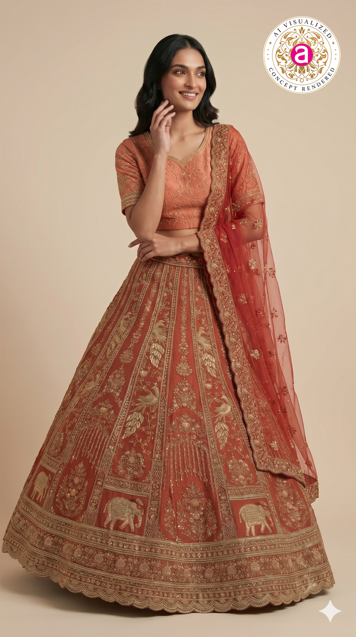 Royal Rust Orange Bridal Lehenga Set with Heritage Zari Embroidery & Net Dupatta