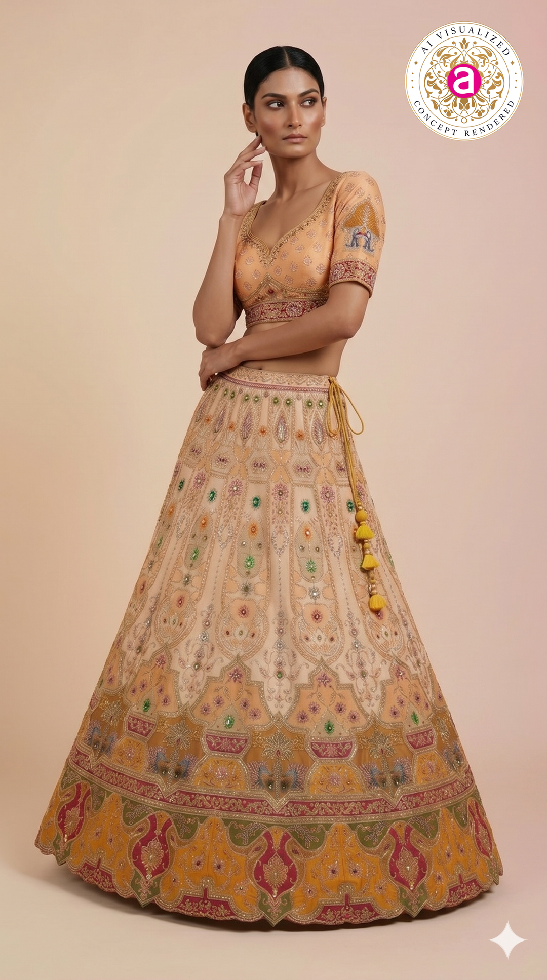 Peach & Mustard Embroidered Bridal Lehenga with Jewel Motifs & Designer Dupatta