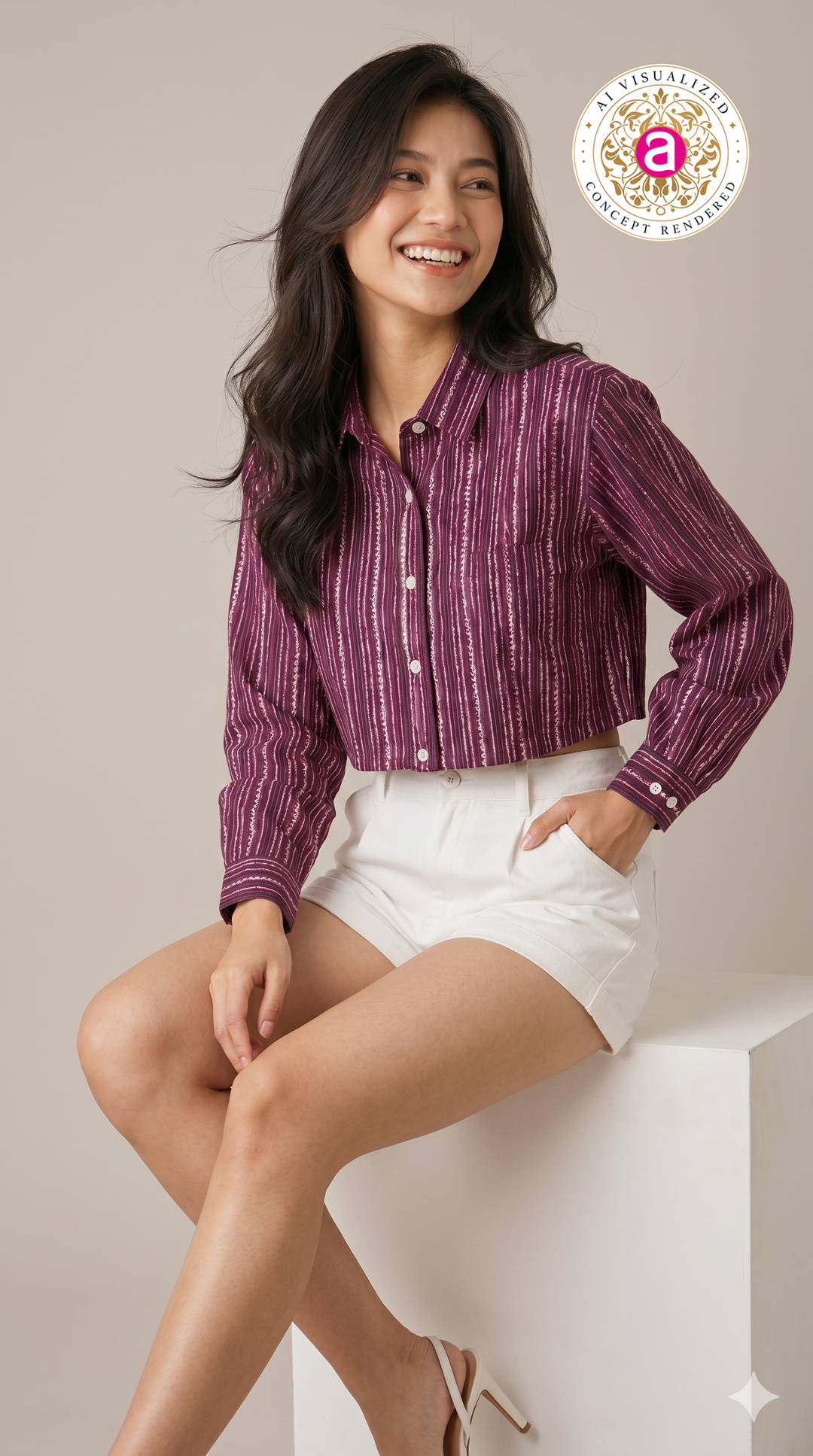 Wine Purple Striped Crop Shirt Top