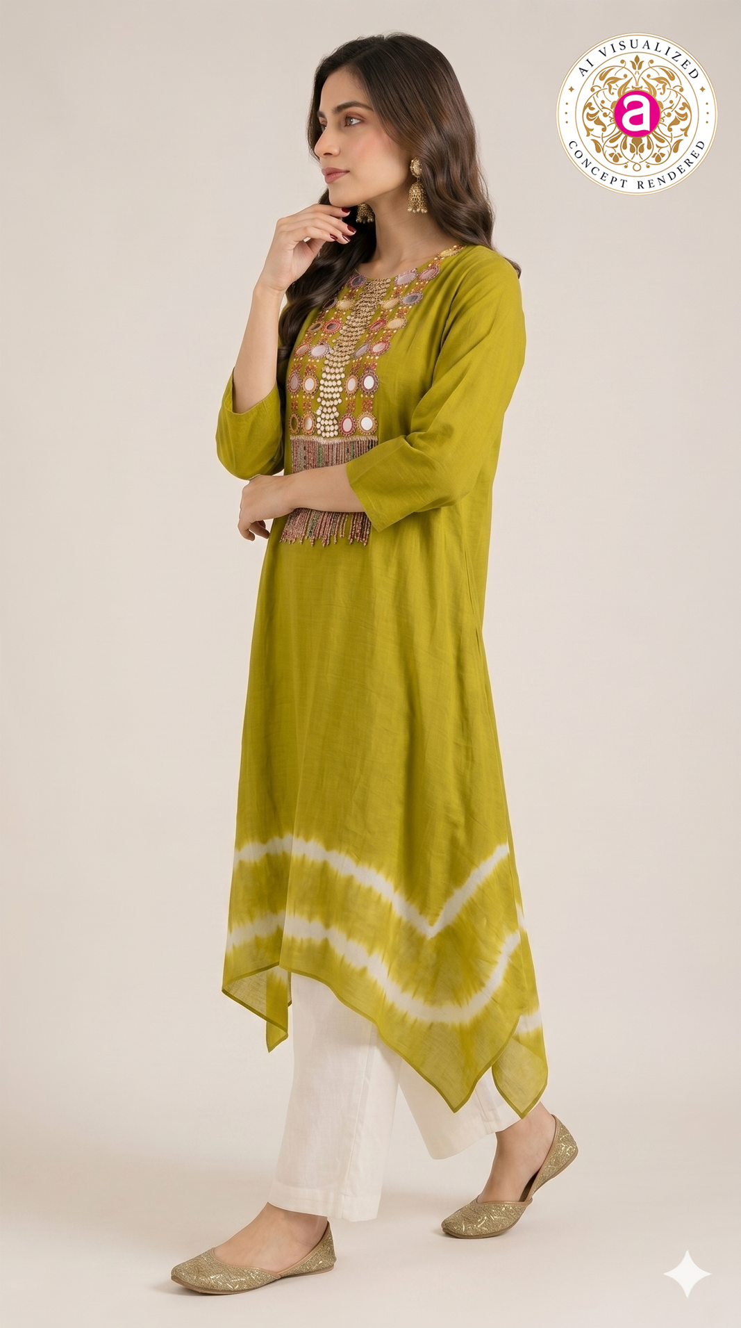 Olive Green Tie-Dye Handwork Kurti with Palazzo Set