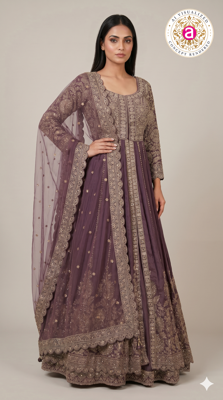 Royal Plum Embroidered Anarkali Gown with Designer Dupatta