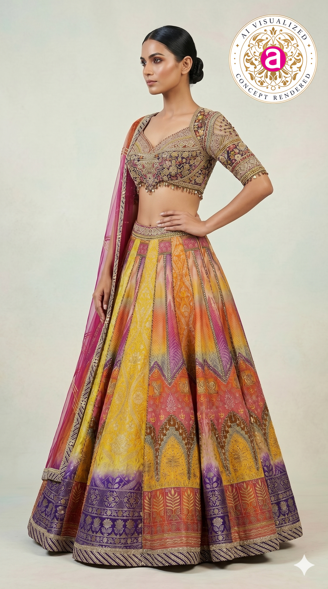 Multicolour Woven Designer Lehenga Choli with Heavy Embroidered Blouse & Pink Net Dupatta