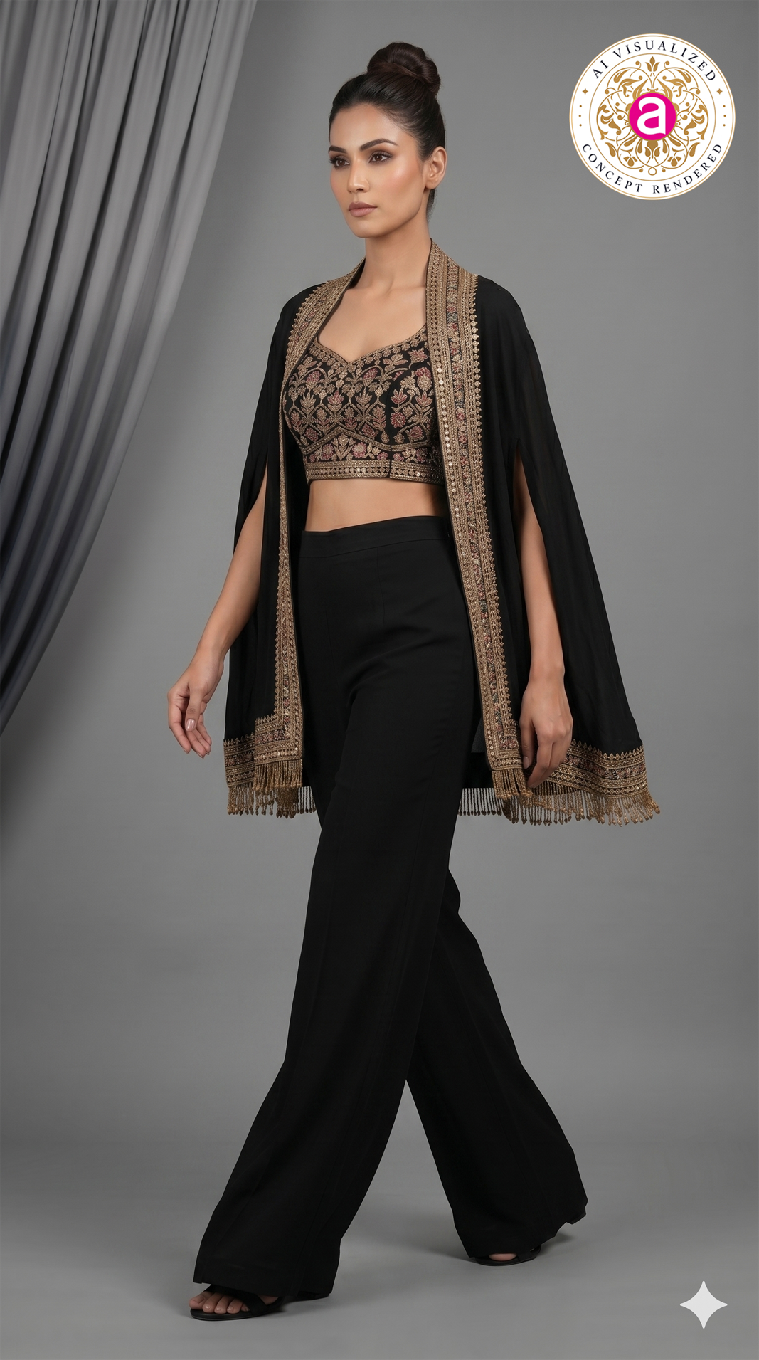 Black Embroidered Indo-Western Co-Ord Set with Cape Jacket