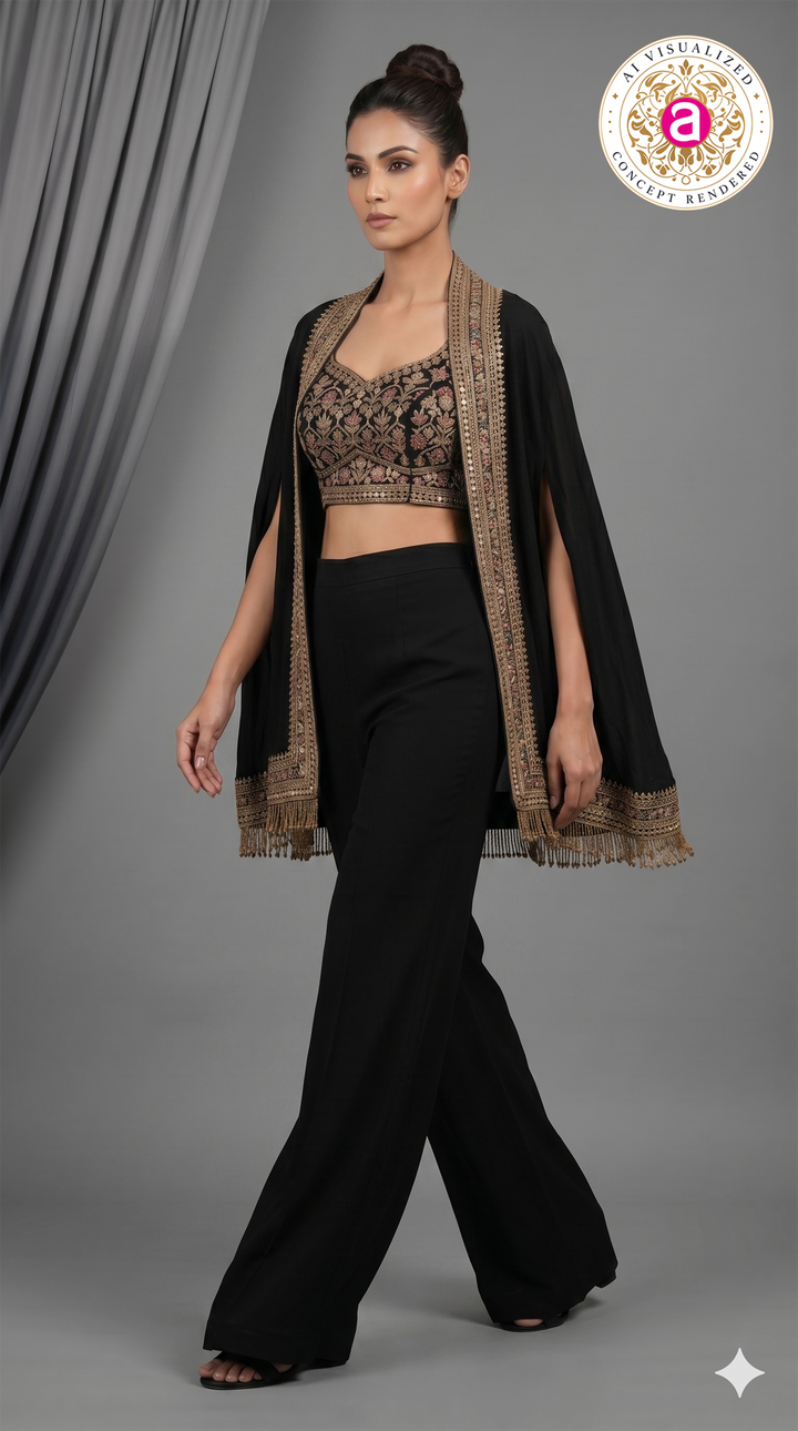 Black Embroidered Indo-Western Co-Ord Set with Cape Jacket