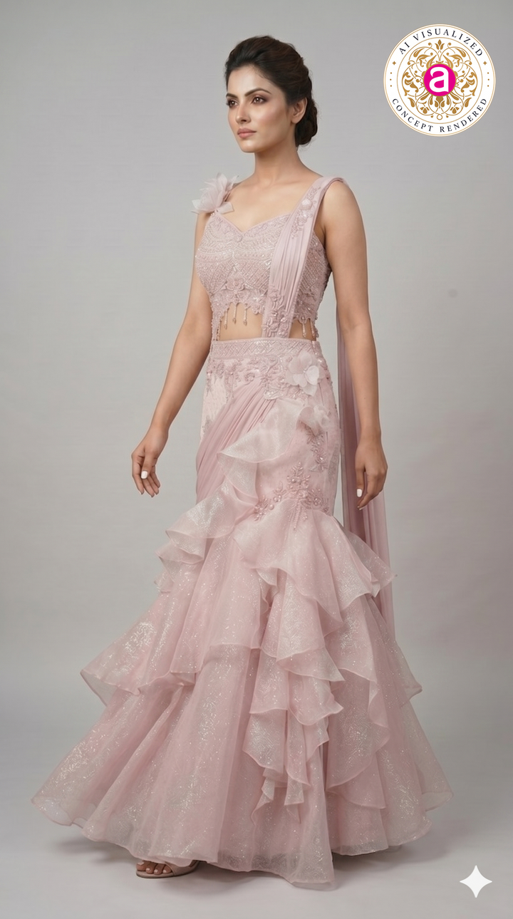 Blush Pink Embellished Ruffle Lehenga Saree with Floral Shoulder Accent