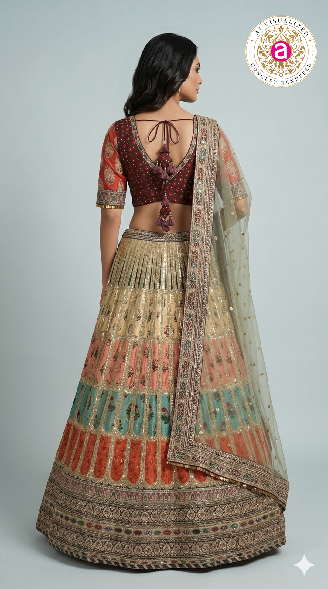 Multicolour Embroidered Bridal Lehenga Set with Net Dupatta