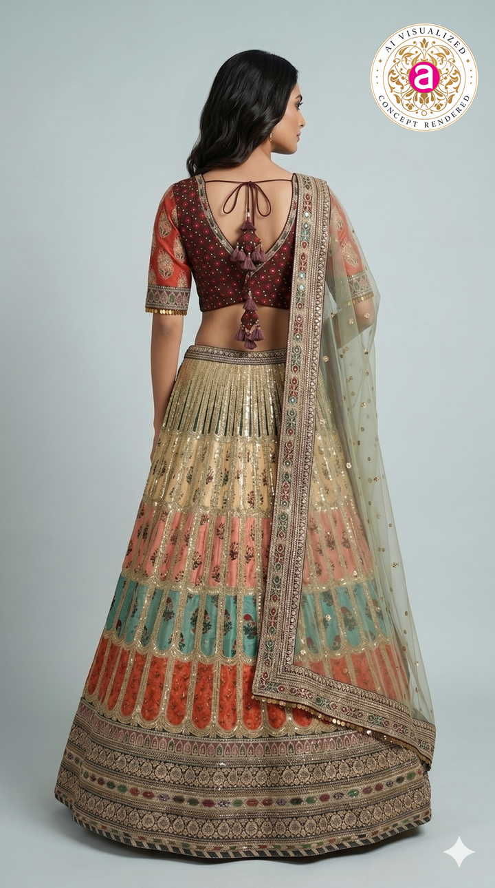Multicolour Embroidered Bridal Lehenga Set with Net Dupatta