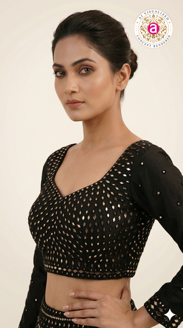 Midnight Black Mirror Work Lehenga Set with Full Sleeve Designer Blouse