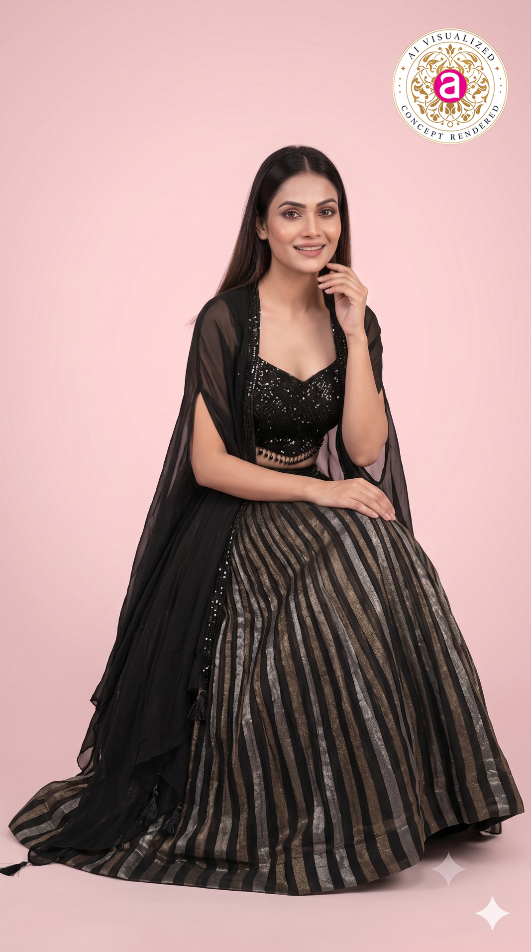 Black Striped Palazzo Set with Sequin Blouse & Cape