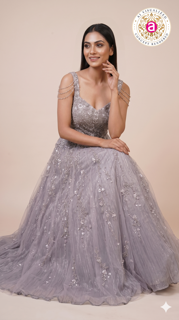 Lilac Silver Embroidered Princess Ball Gown with Crystal Shoulder Chains