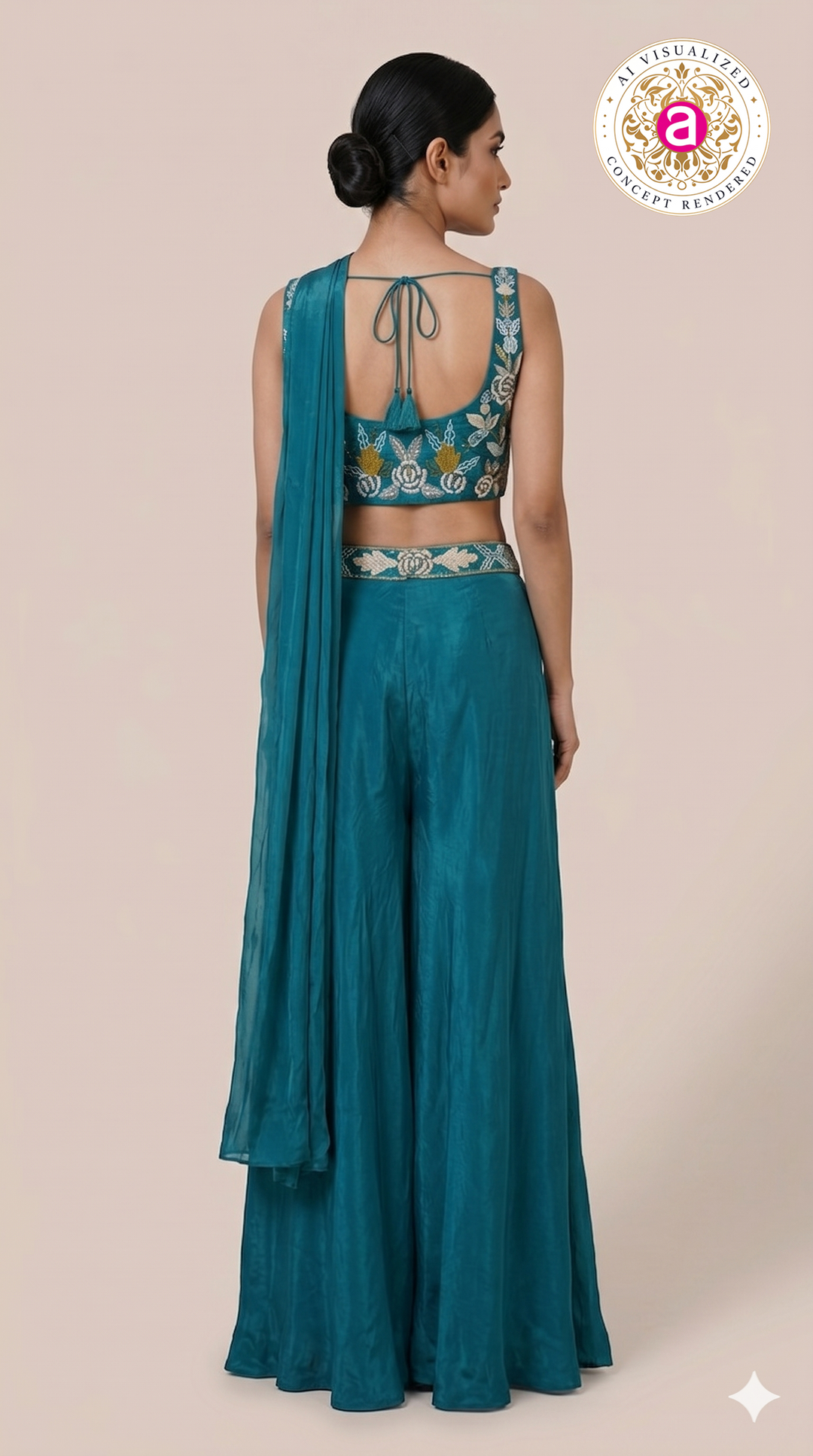 Teal Blue Embroidered Crop Top with Palazzo Pants & Cape Dupatta Set
