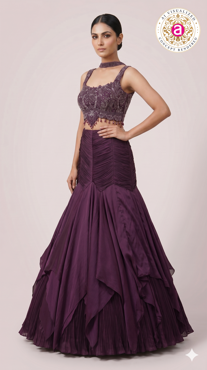 Wine Purple Designer Party Wear Mermaid Lehenga Set