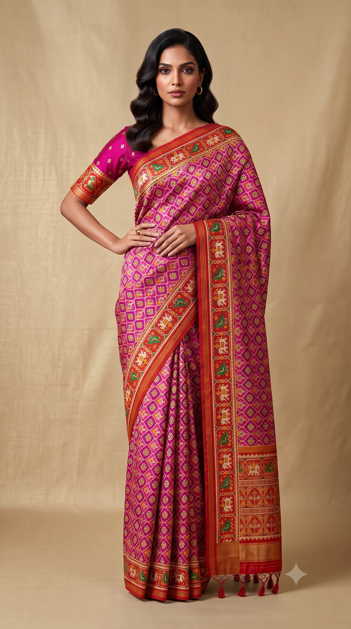 Premium Patola Inspired Weaving Silk Saree with Traditional Elephant Border