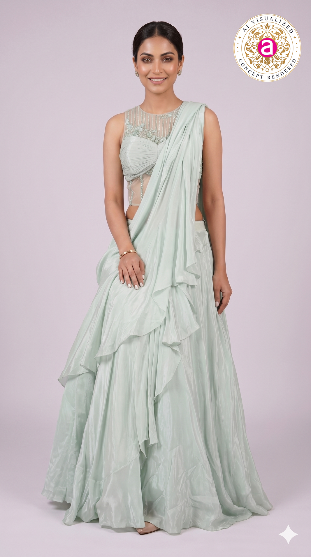 Mint Green Ready-to-Wear Saree with Ruffle Drape & Embellished Designer Blouse