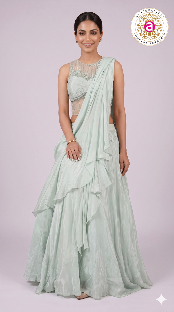 Mint Green Ready-to-Wear Saree with Ruffle Drape & Embellished Designer Blouse