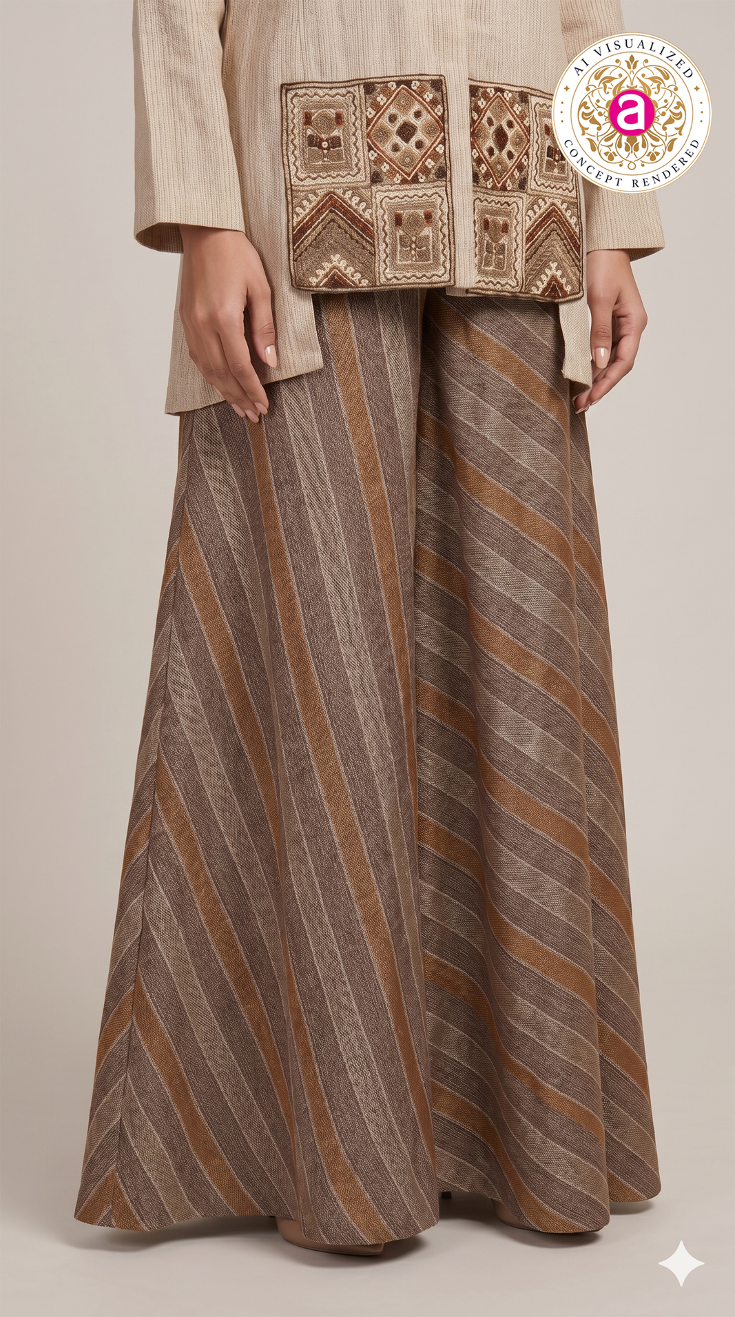 Beige Embroidered Tunic with Striped Palazzo Set