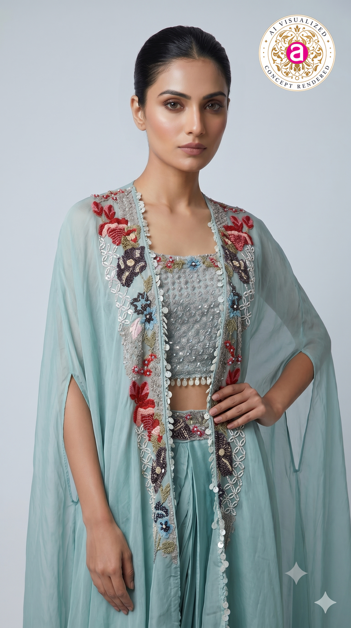 Powder Blue Embroidered Cape Style Designer Ensemble