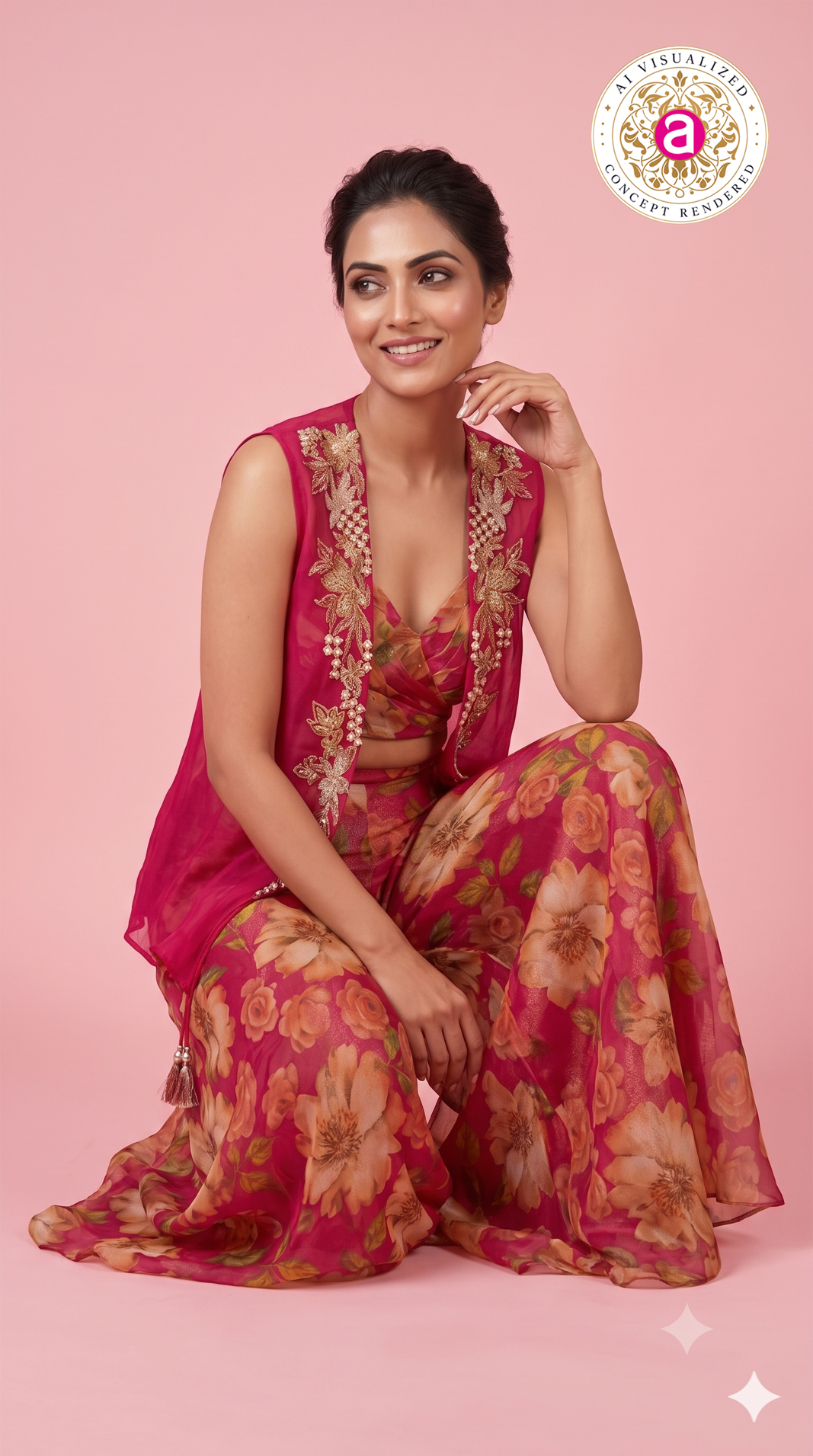 Fuchsia Floral Printed Palazzo Set with Embroidered Cape
