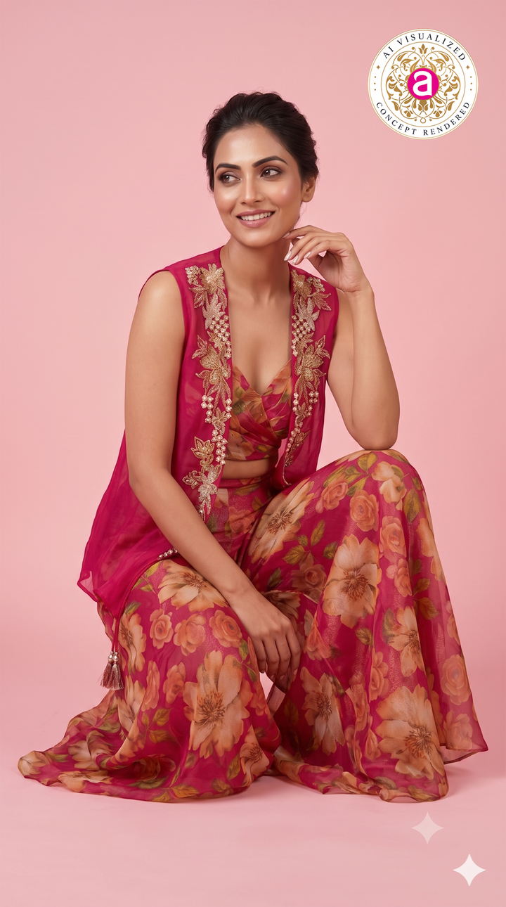 Fuchsia Floral Printed Palazzo Set with Embroidered Cape