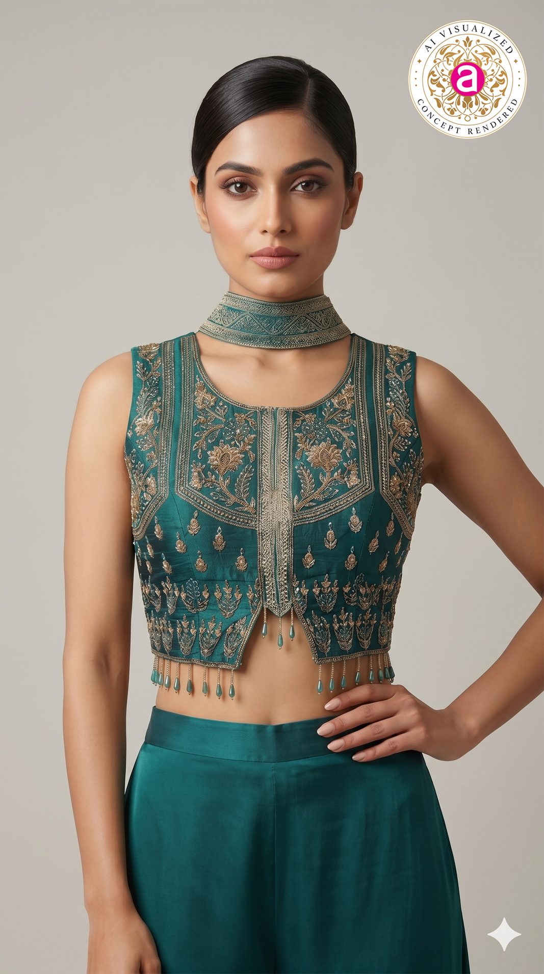 Teal Green Embroidered Indo-Western Co-Ord Set with Palazzo Pants