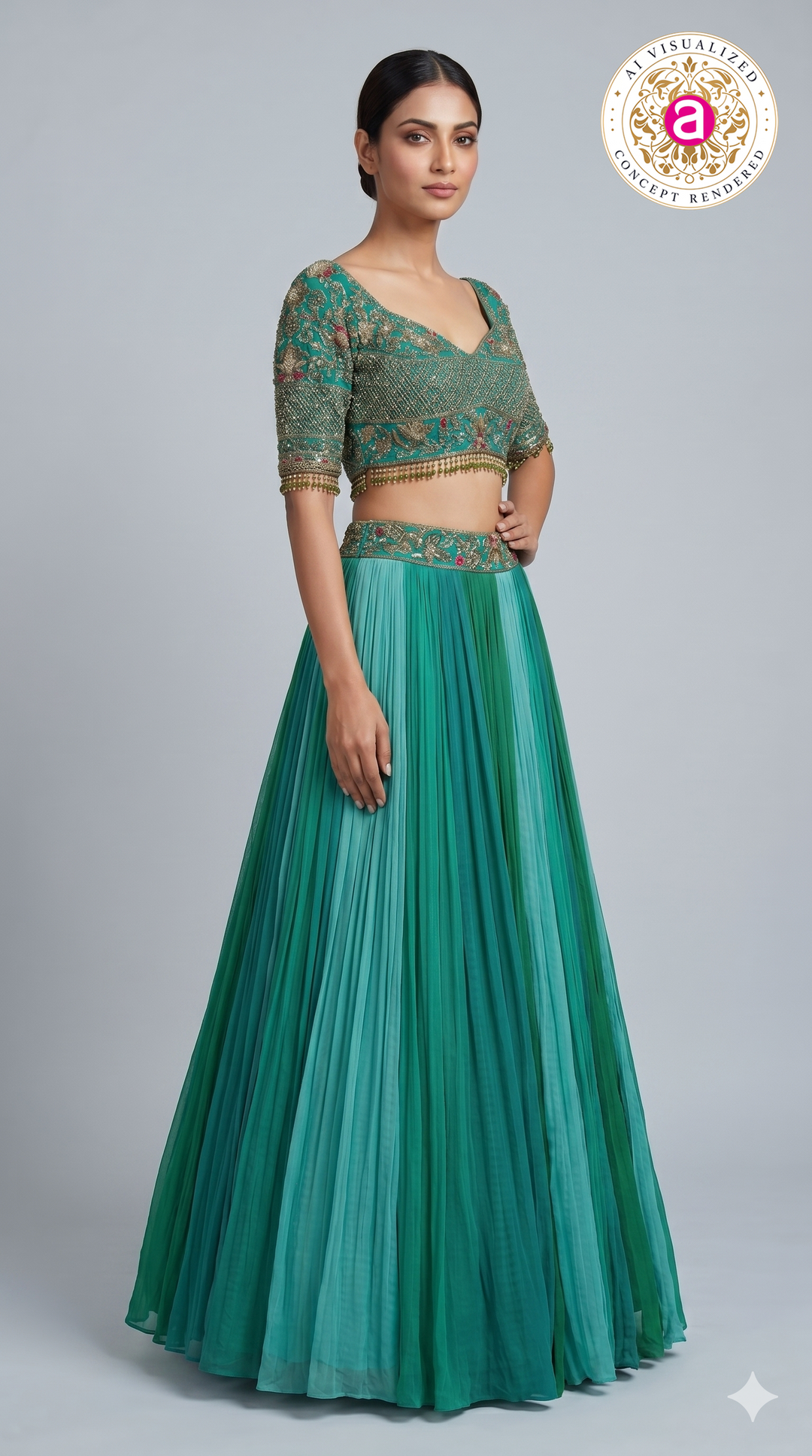 Teal Green Embroidered Crop Top with Pleated Lehenga Skirt