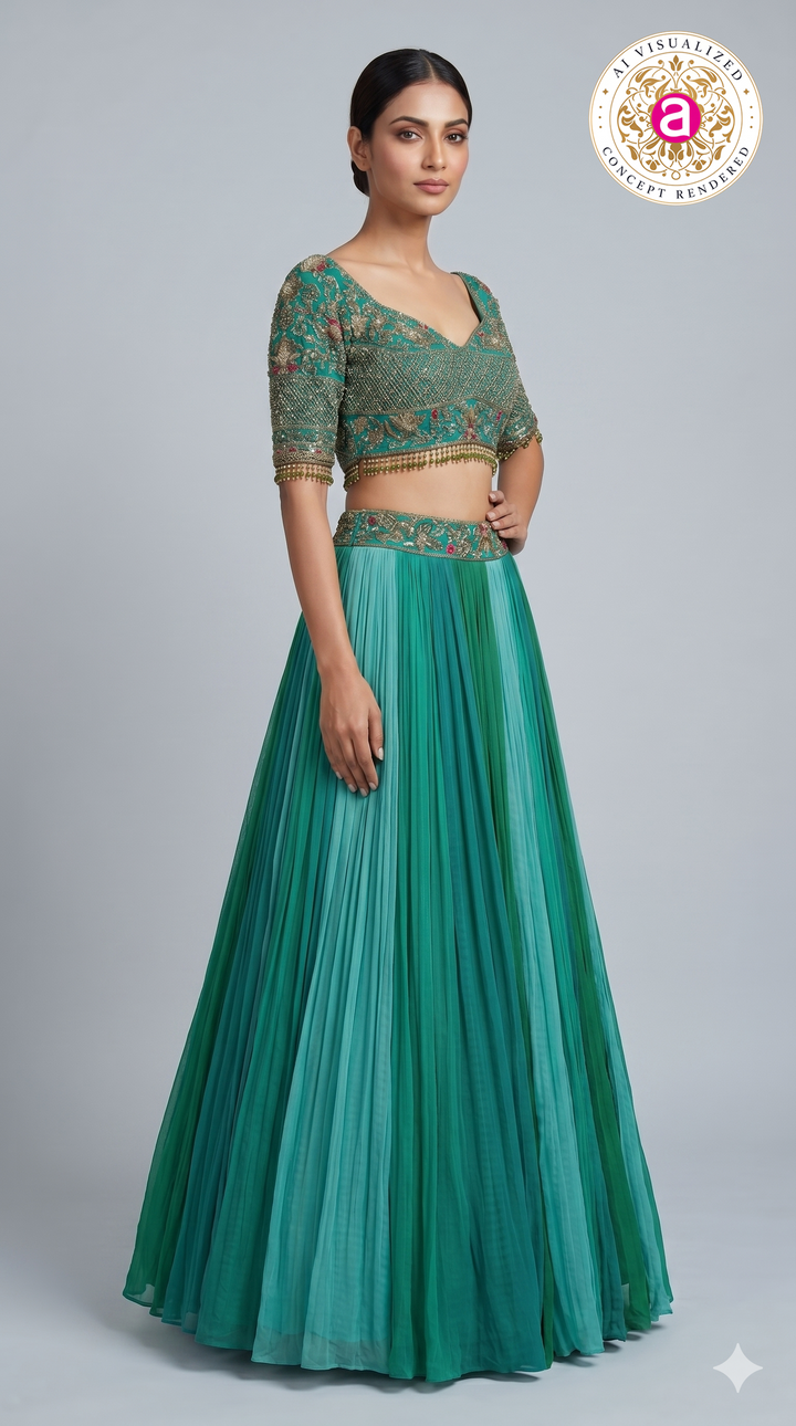Teal Green Embroidered Crop Top with Pleated Lehenga Skirt