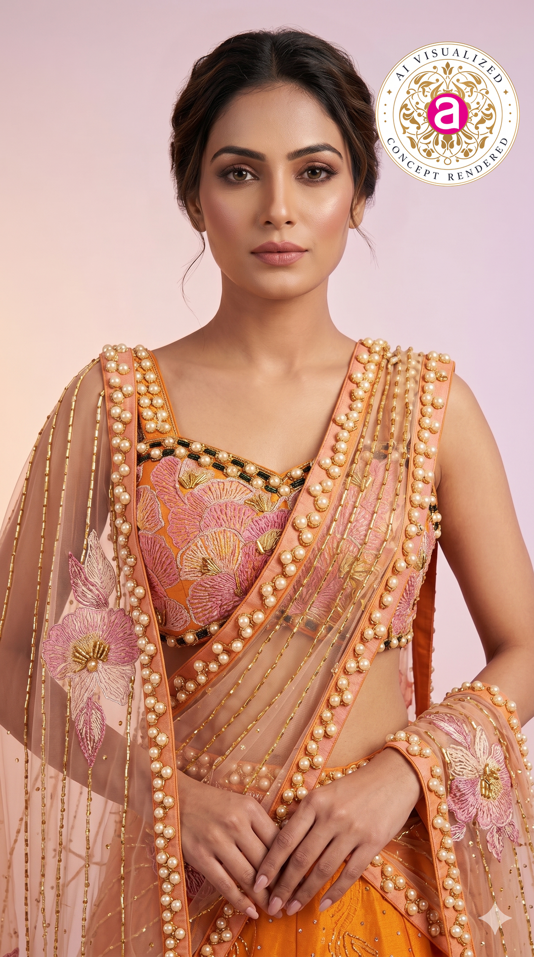 Sunset Orange & Blush Pink Embroidered Designer Lehenga Choli with Net Dupatta