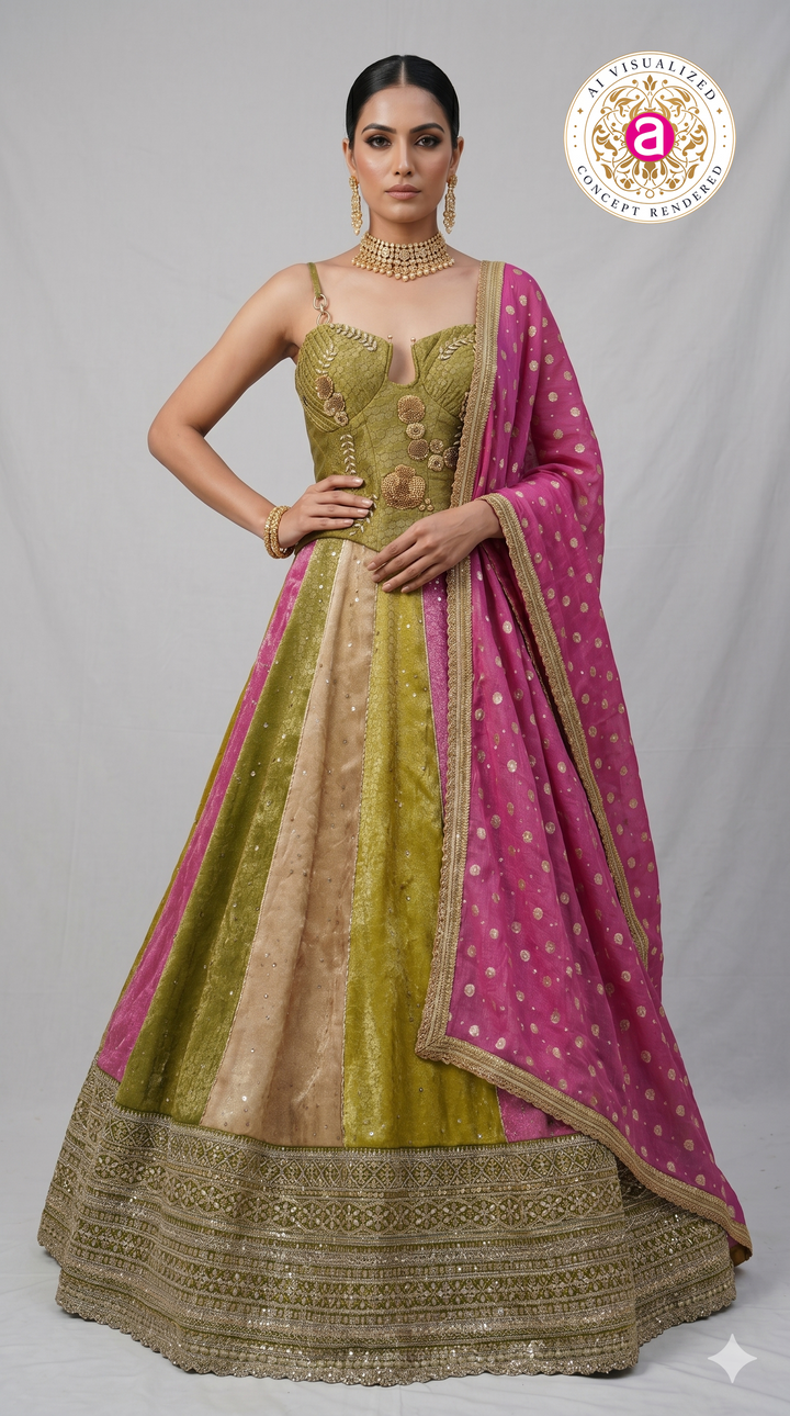 Olive Green & Pink Panelled Designer Lehenga Choli with Embroidered Blouse