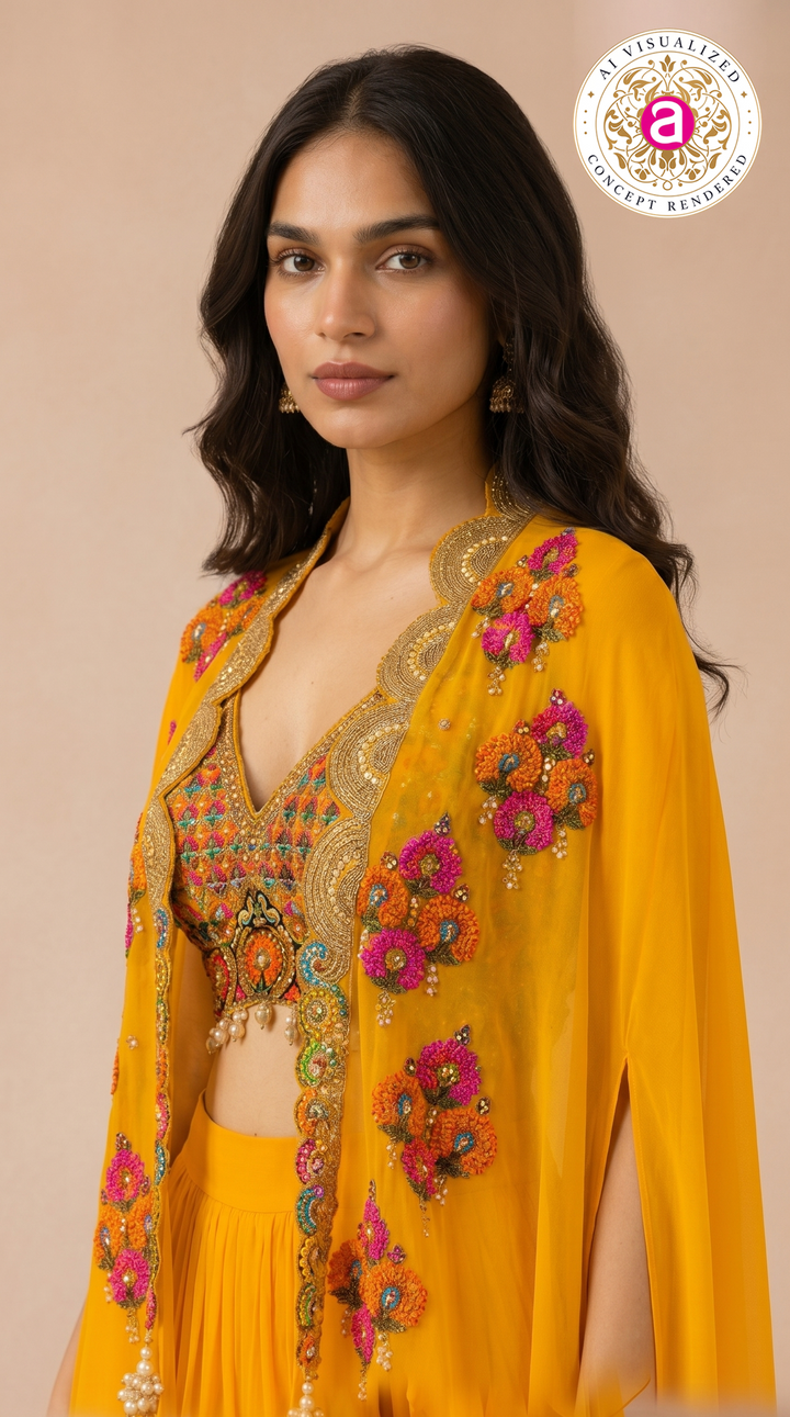 Sunshine Yellow Cape Palazzo Set with Multicolour Embroidered Blouse