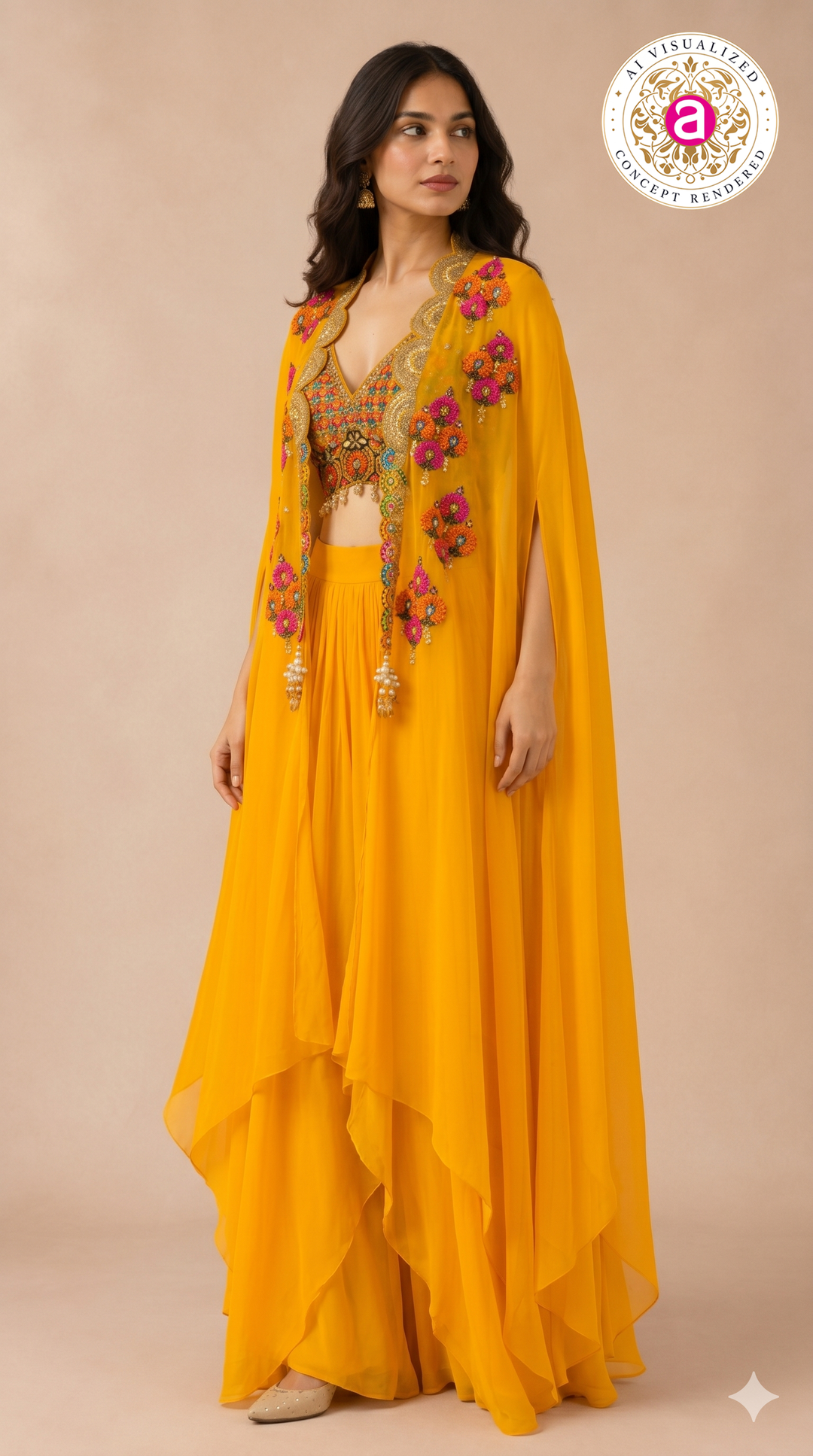 Sunshine Yellow Cape Palazzo Set with Multicolour Embroidered Blouse