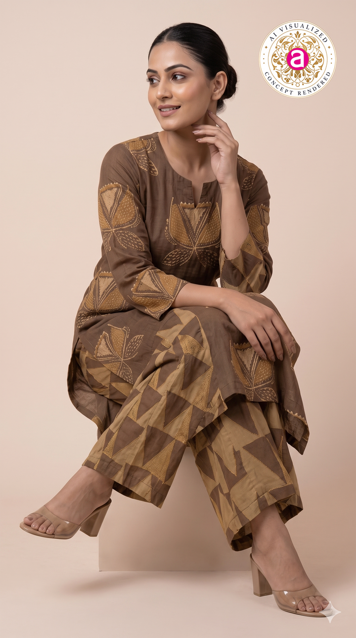Brown Printed A-Line Kurta Set with Palazzo