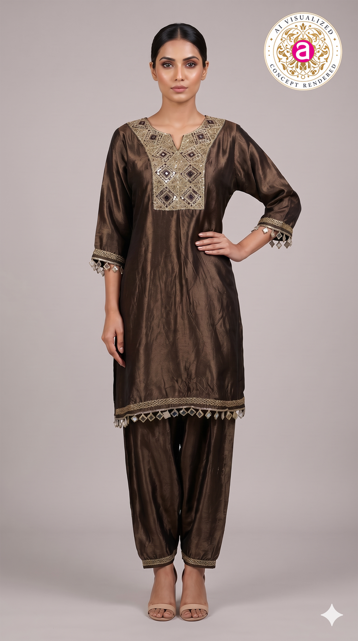Chocolate Brown Embellished Kurta Set with Dhoti Pants