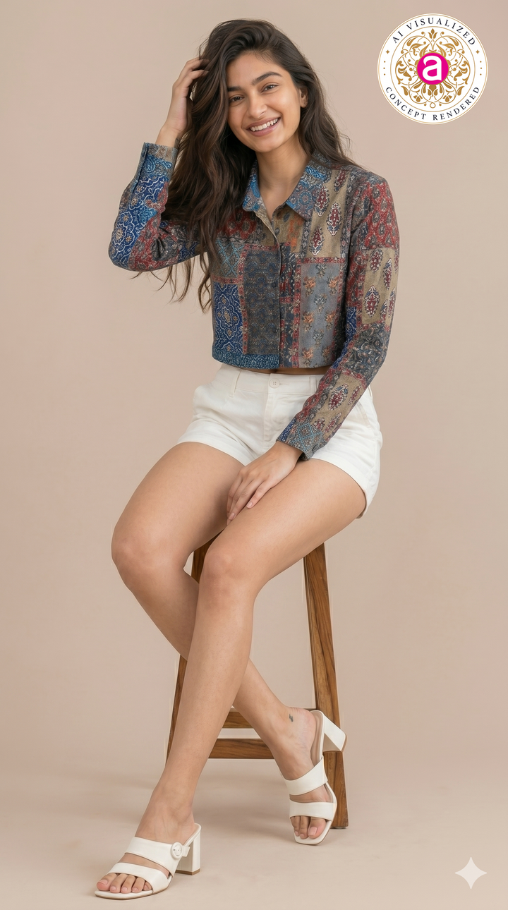 Boho Patchwork Printed Crop Shirt Top
