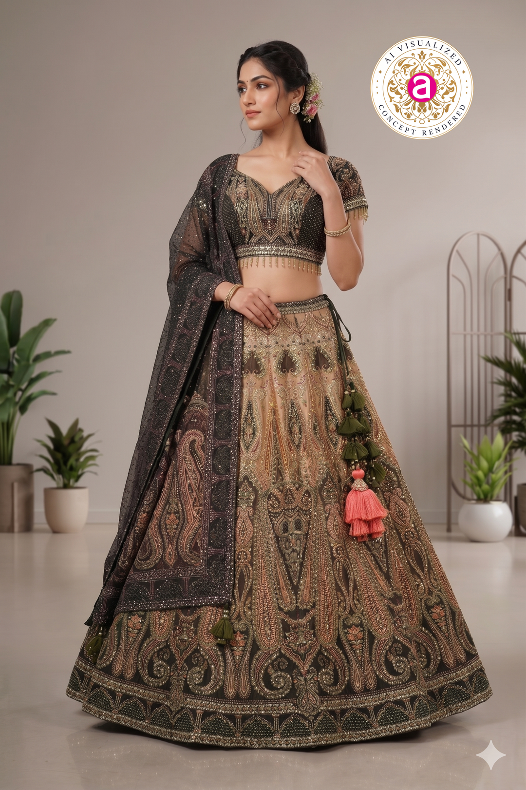 Black & Gold Designer Lehenga Set with Embellished Blouse and Dupatta
