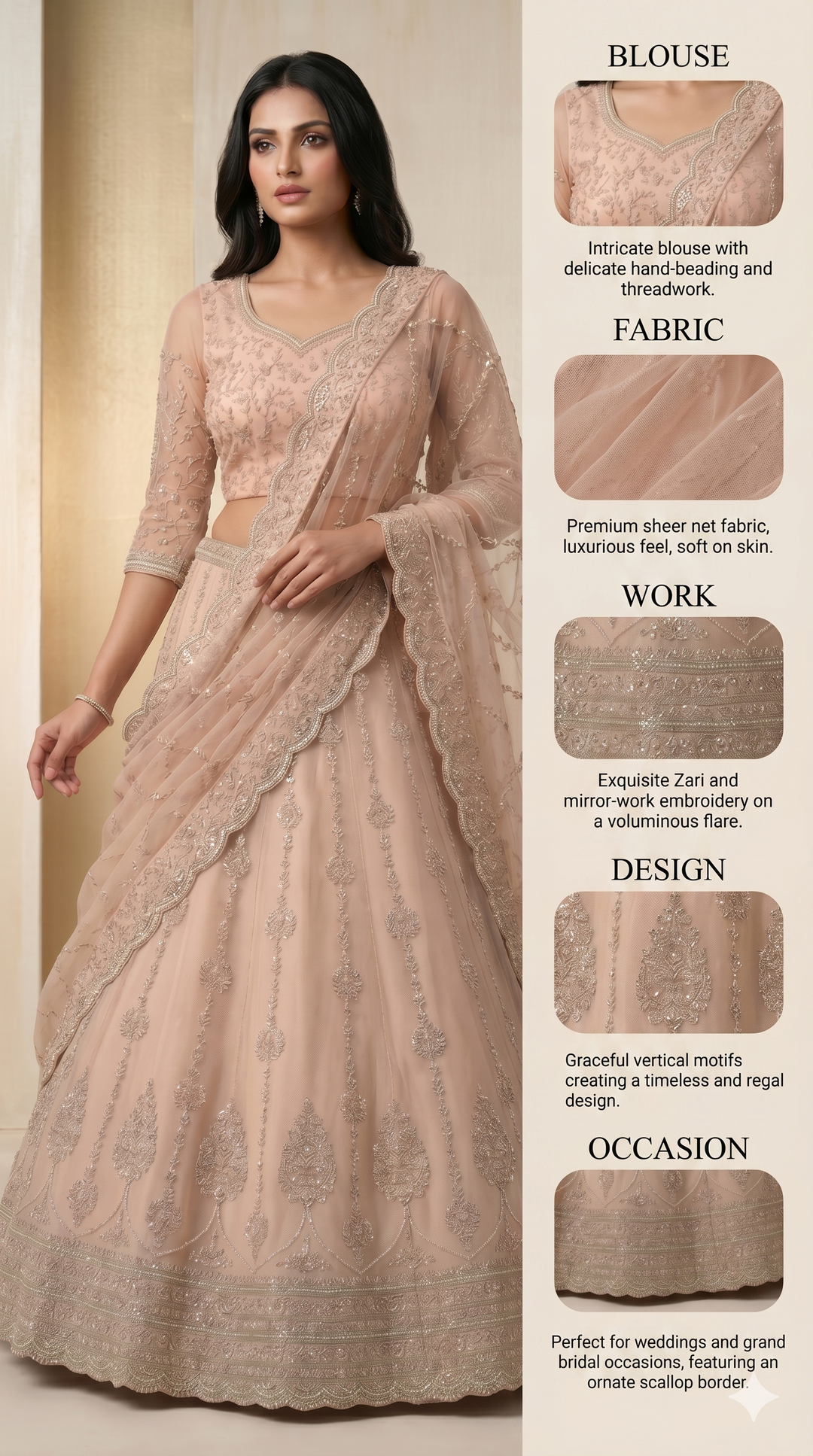 Blush Beige Designer Lehenga Set with Heavy Sequin Embroidery & Net Dupatta